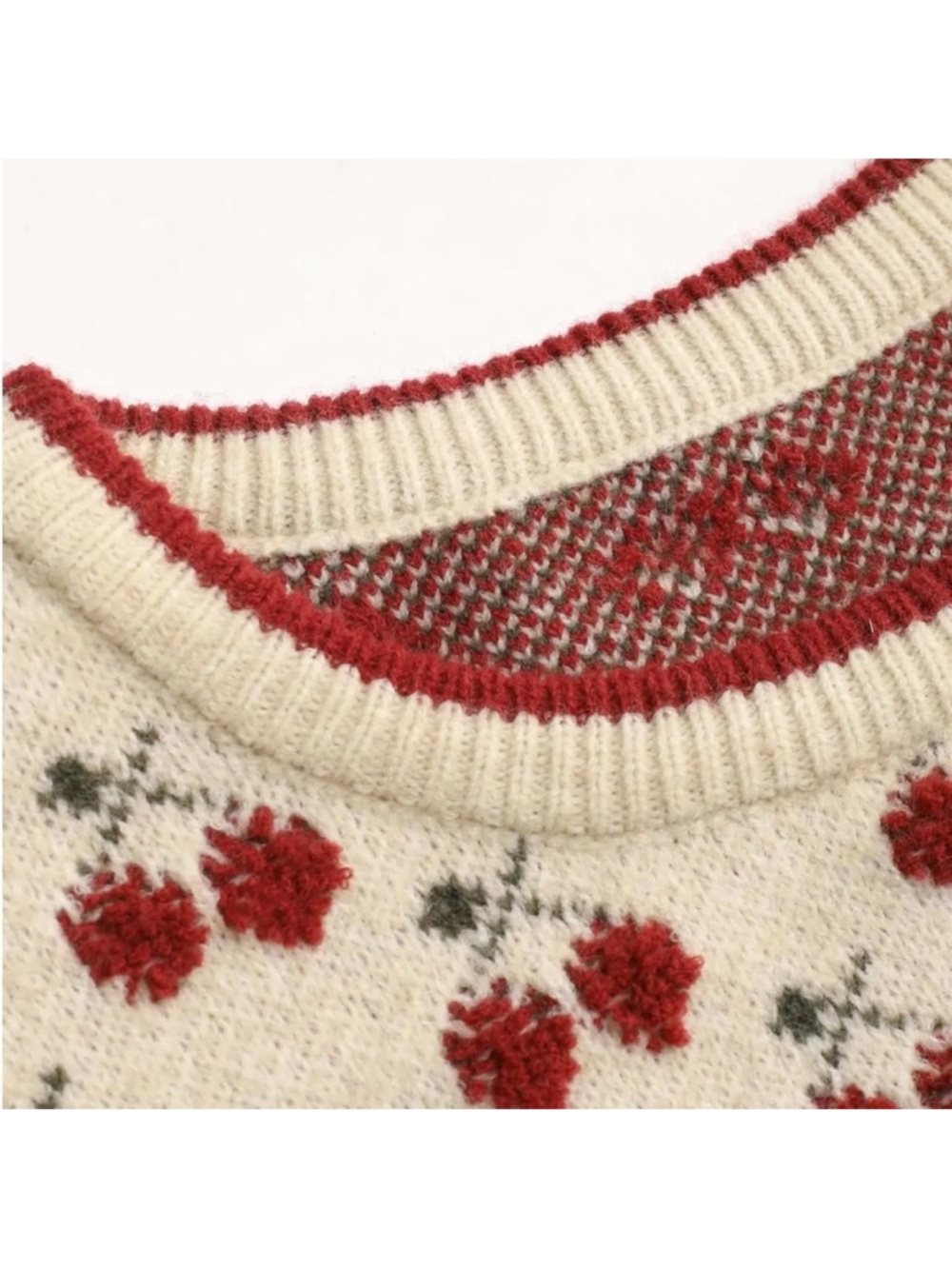 Cider Cream Knit Scoop Neck Sweater with Red Cherries Motif Size XL - Picture 3 of 7